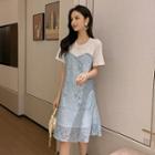 Short Sleeve Lace Panel Mock Two Piece Dress