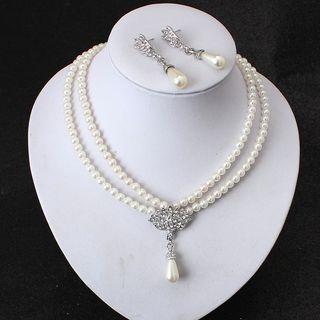 Set: Layered Faux Pearl Pendant Necklace + Dangle Earring Set - White - One Size