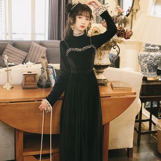 Mesh Trim Long-sleeve Maxi A-line Velvet Dress