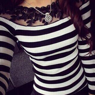 Lace Panel Stripe Long-sleeve Top