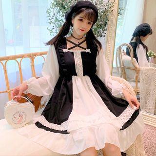 Long-sleeve Color Block Lace Trim A-line Dress