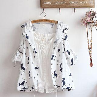 Cat Print Hooded Light Jacket / Spaghetti-strap Top / Set