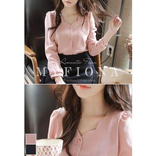 Scallop-neckline Puff-shoulder Blouse