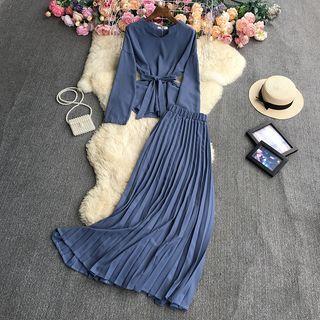 Set: Tie Waist Top + Pleated Midi Skirt