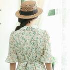 Contrast-collar Tie-waist Floral Chiffon Dress