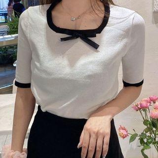 Set: Contrast Trim Short-sleeve Knit Top + Mini A-line Skirt Top - White - One Size / Skirt - Black - One Size