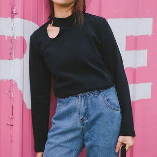 Long-sleeve Mock-neck Cut Out T-shirt