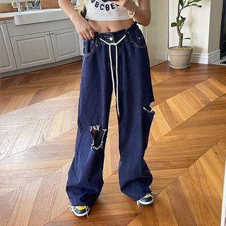 Drawstring Cutout Wide-leg Jeans Dark Blue - One Size