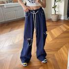 Drawstring Cutout Wide-leg Jeans Dark Blue - One Size