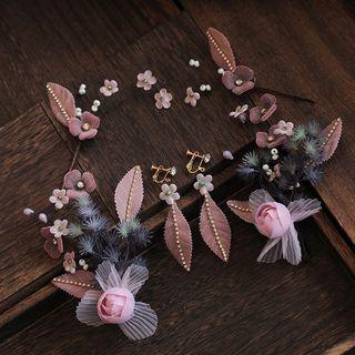 Wedding Set: Rose Hair Clip + Dangle Earring Set Of 1 - Earring & 1 Pair - Clip On Earring - As Shown In Figure - One Size