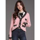 Piped Metal-button Furry Cardigan