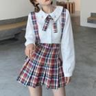Flower Embroidered Blouse / Plaid Mini Suspender Skirt