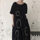 Short-sleeve Frill Trim Plain Dress Black - One Size