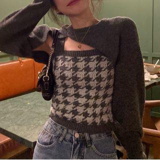 Knit Crop Top / Houndstooth Camisole Top