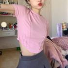 Plain Round-neck Short-sleeve T-shirt Pink - One Size