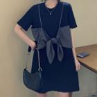 Mock Two-piece Short-sleeve Bow-front Mini T-shirt Dress