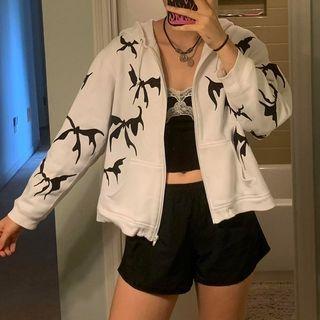 Long Sleeve Butterfly Printed Loose-fit Zip-up Hoodie