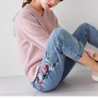 Cropped Floral Embroidered Straight-fit Jeans