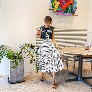 Set: Sleeveless Graphic Top + Tiered Long Dot Skirt