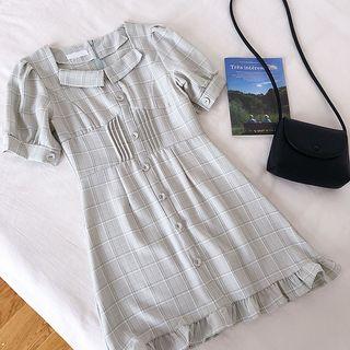 Plaid Single-breasted Short-sleeve Ruffled-trim Dress