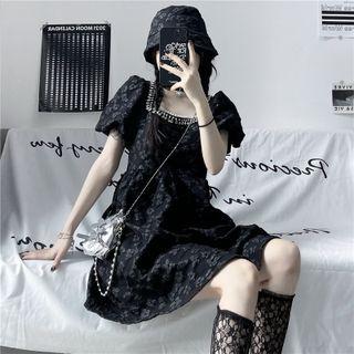 Set: Puff-sleeve Floral Embroidered A-line Dress + Bucket Hat