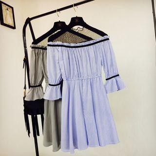 Elbow-sleeve Mesh Panel Mini A-line Striped Dress