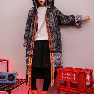 Lettering Trim Hooded Long Jacket Black - One Size