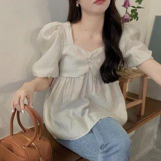 Puff Short-sleeve Square-neck Ruched Panel Top Almond - One Size