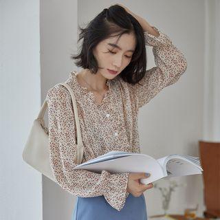 Ruffle Trim V-neck Floral Long-sleeve Blouse