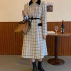 Collared Long-sleeve Midi A-line Tweed Dress Plaid - White - One Size
