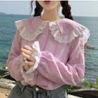 Lace Trim Gingham Bell Sleeve Blouse