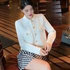 Collared Cropped Cardigan / Checkerboard Mini A-line Skirt