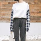 Long-sleeve Check Panel Knit Top As Shown In Figure - One Size