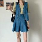 Buttoned Denim Vest / Pleated Mini A-line Skirt / Elbow-sleeve T-shirt
