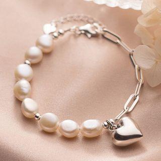 Faux Pearl Heart Charm Bracelet S925 Silver - Bracelet - One Size