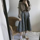 V-neck Sweater / Plaid A-line Skirt With Belt