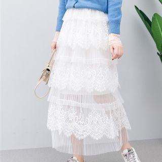 Layered Lace Panel Mesh Midi Skirt