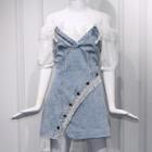 Rhinestone Fringed Trim Strapless Denim Mini A-line Dress / Ruffle Off-shoulder Elbow-sleeve Top