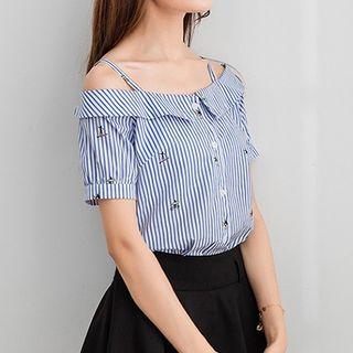Short-sleeve Off-shoulder Striped Blouse