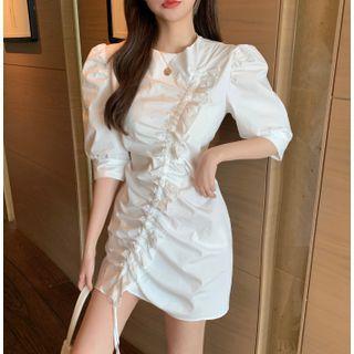 Drawstring Puff-sleeve Dress White - One Size