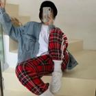 Frayed Loose-fit Denim Jacket / Drawcord Plaid Sweatpants / Plain T-shirt
