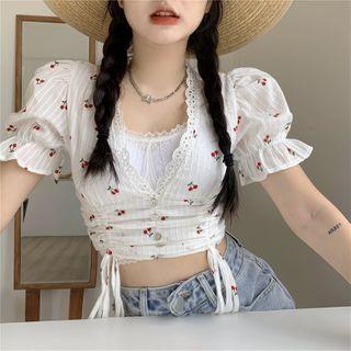 Short-sleeve V-neck Cherry Print Cropped Top