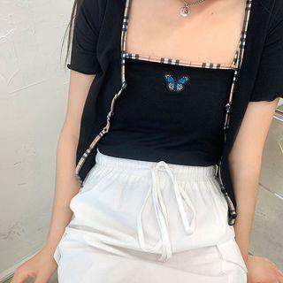 Set: Plaid-trim Cardigan + Butterfly-embroidered Camisole