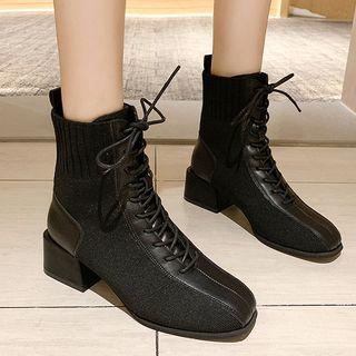Block Heel Lace-up Panel Short Boots