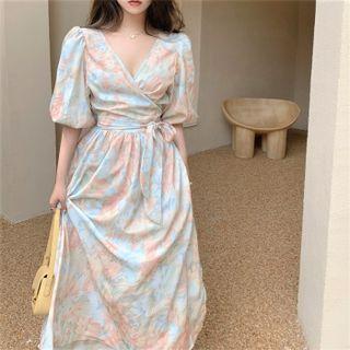 V-neck Lace-up Flower Print Dress