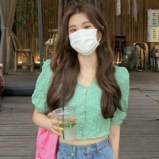 Puff-sleeve Button-up Ruched Crop Top Green - One Size