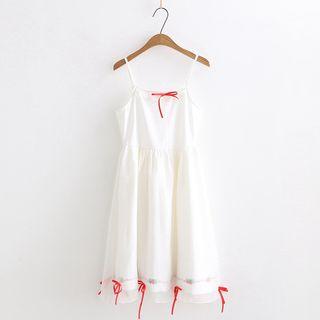 Ribbon-bow Strawberry Print Sleeveless Dress White - One Size