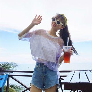 Short-sleeve Plaid Sheer T-shirt