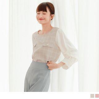 3/4 Sleeve Plaid Panel Blouse
