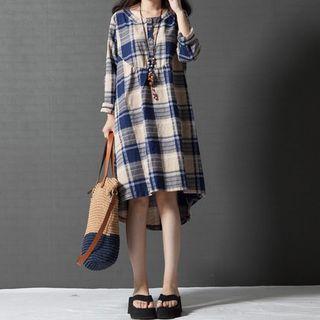 Plaid Long Sleeve Linen Blend Dress